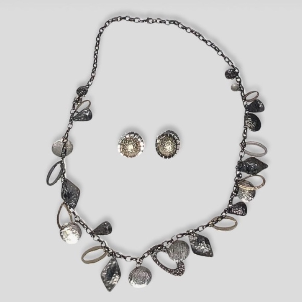 Vintage Mixed Metal Chain Necklace Clip On Earrings Set